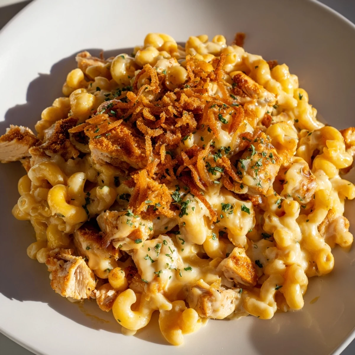 Savory One-Pot Honey BBQ Chicken Mac and Cheese topped with crispy fried onions for crunch.