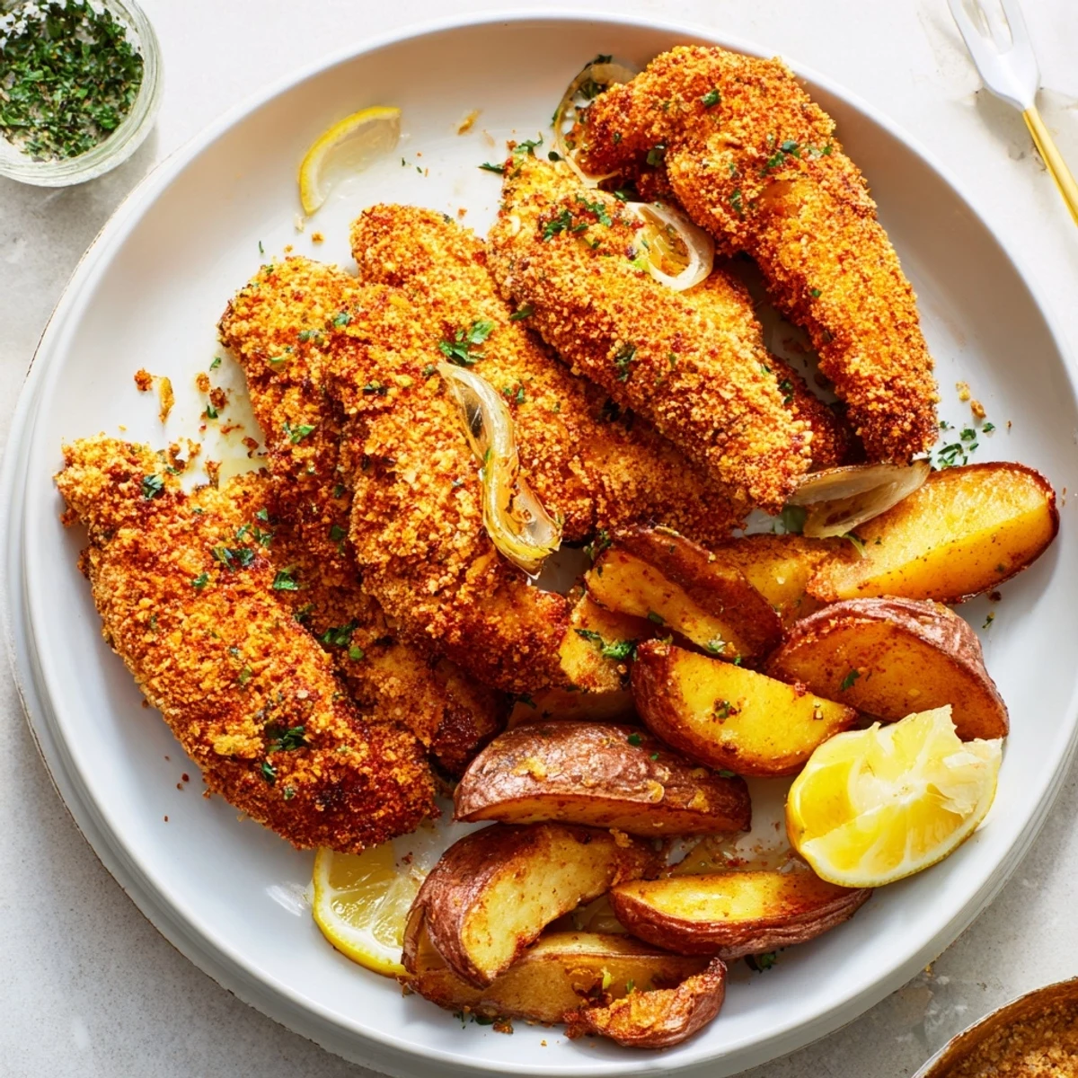 Tender herbed chicken tenders served with crispy potato wedges for family dinners.  
