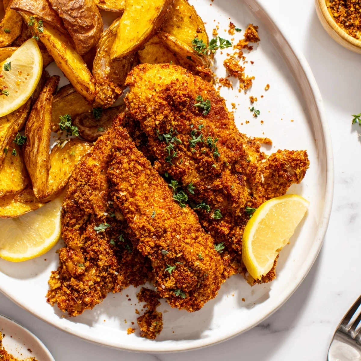 Crispy herbed chicken tenders paired with seasoned potato wedges and fresh herbs.