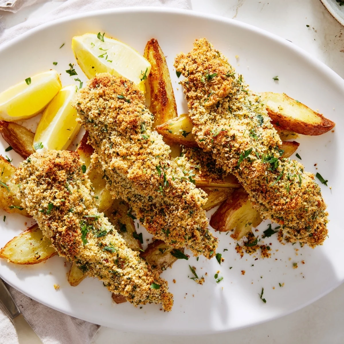 Golden-brown potato wedges accompany juicy herbed chicken tenders for a tasty meal.  