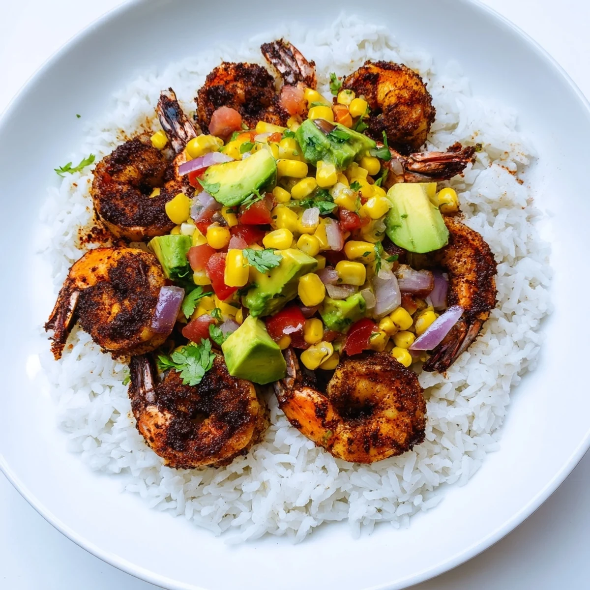 Blackened shrimp bowl with avocado corn salsa, piled high, ready to enjoy this vibrant, gluten-free meal.