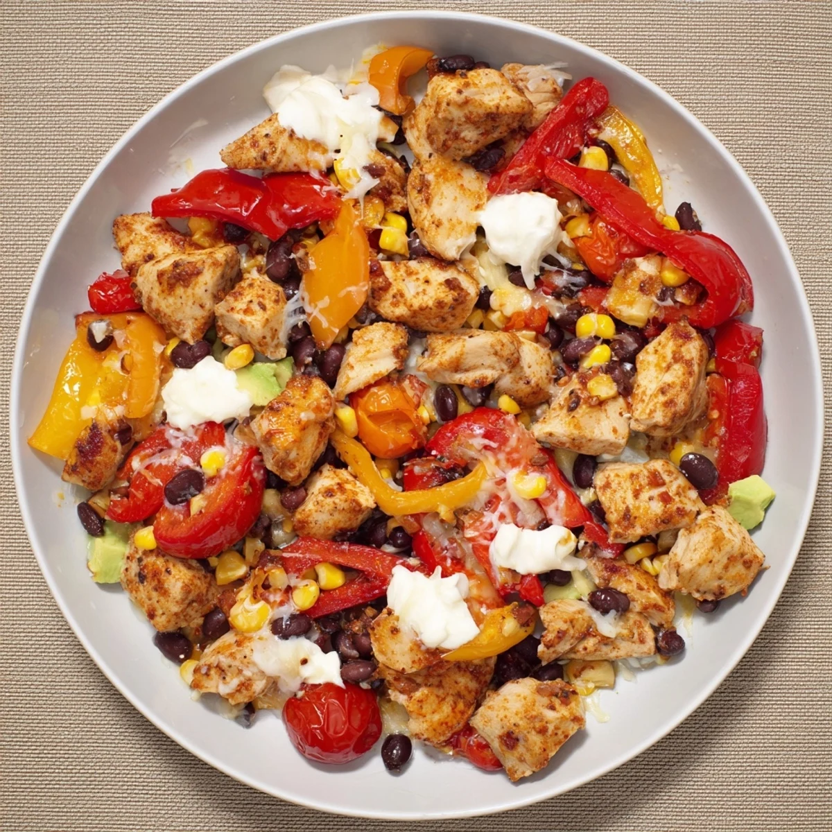 Sheet Pan Chicken Burrito Bowls, brimming with colorful roasted vegetables and tender spiced chicken.