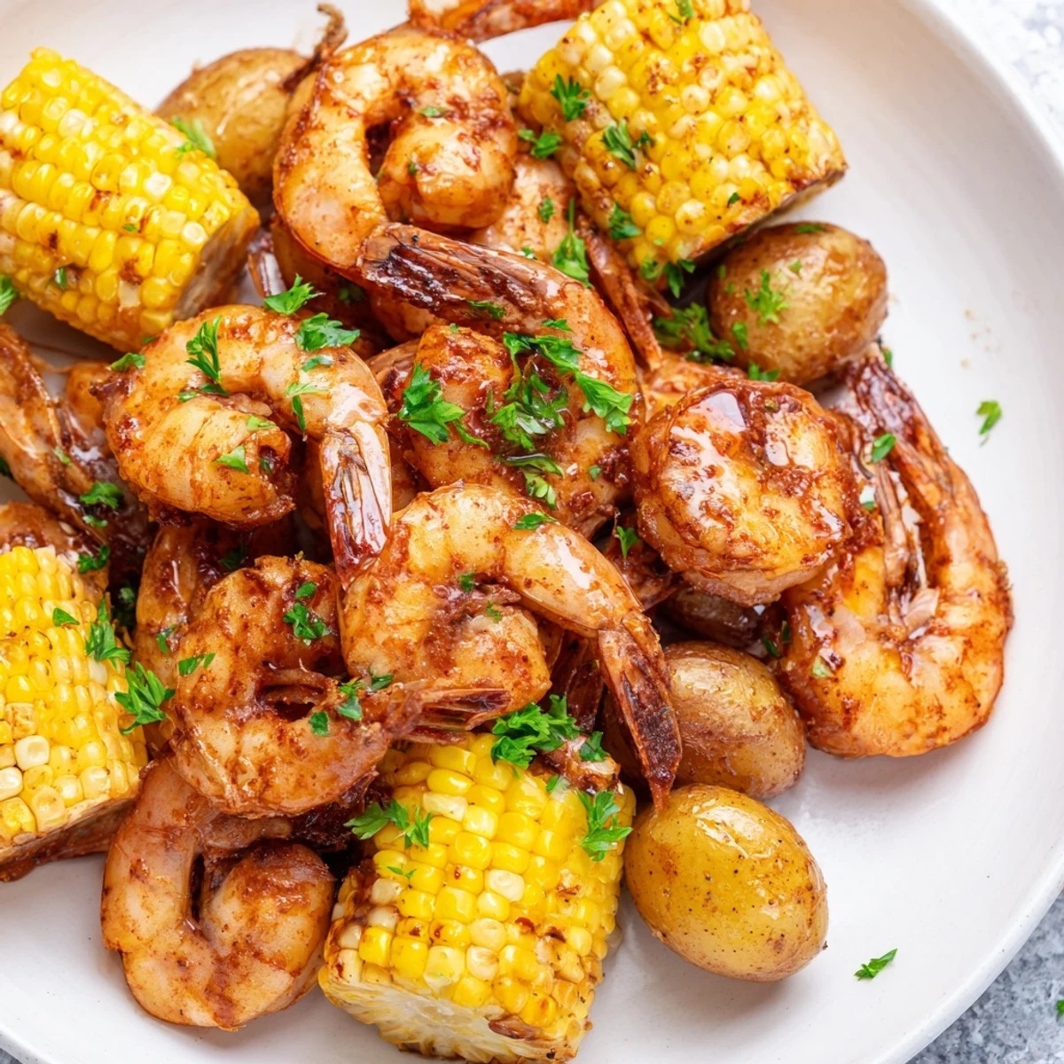 Cajun shrimp & sweet corn platter with colorful bell peppers, cooked to juicy perfection.