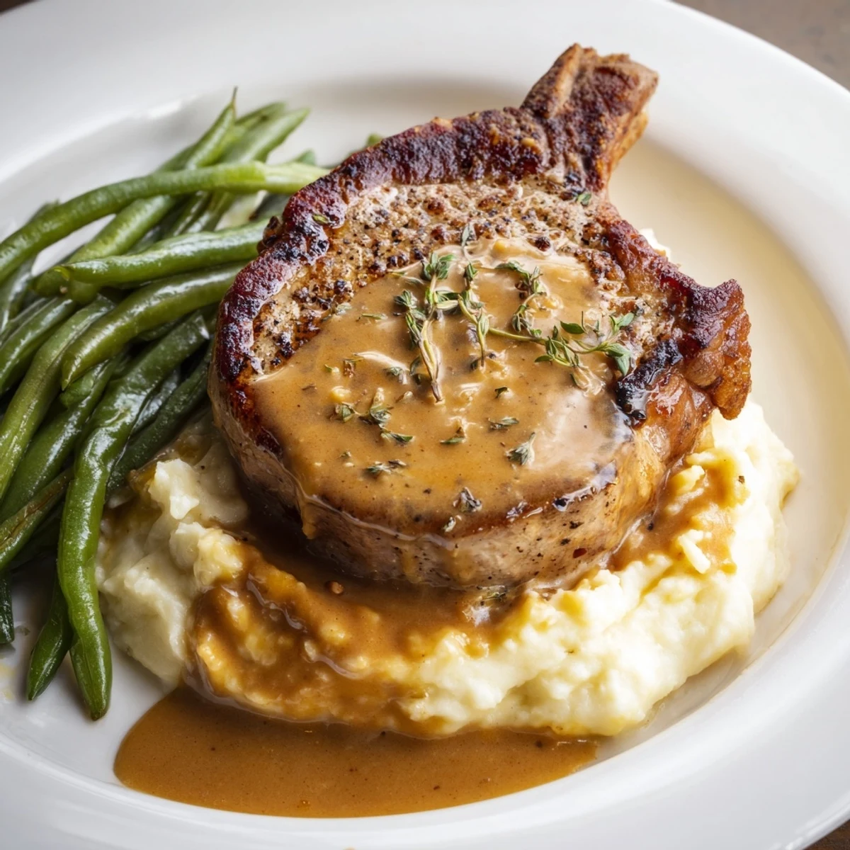 Golden-brown Pork Chops & Cheddar Mash Bowl, served with rich gravy and vibrant green beans.