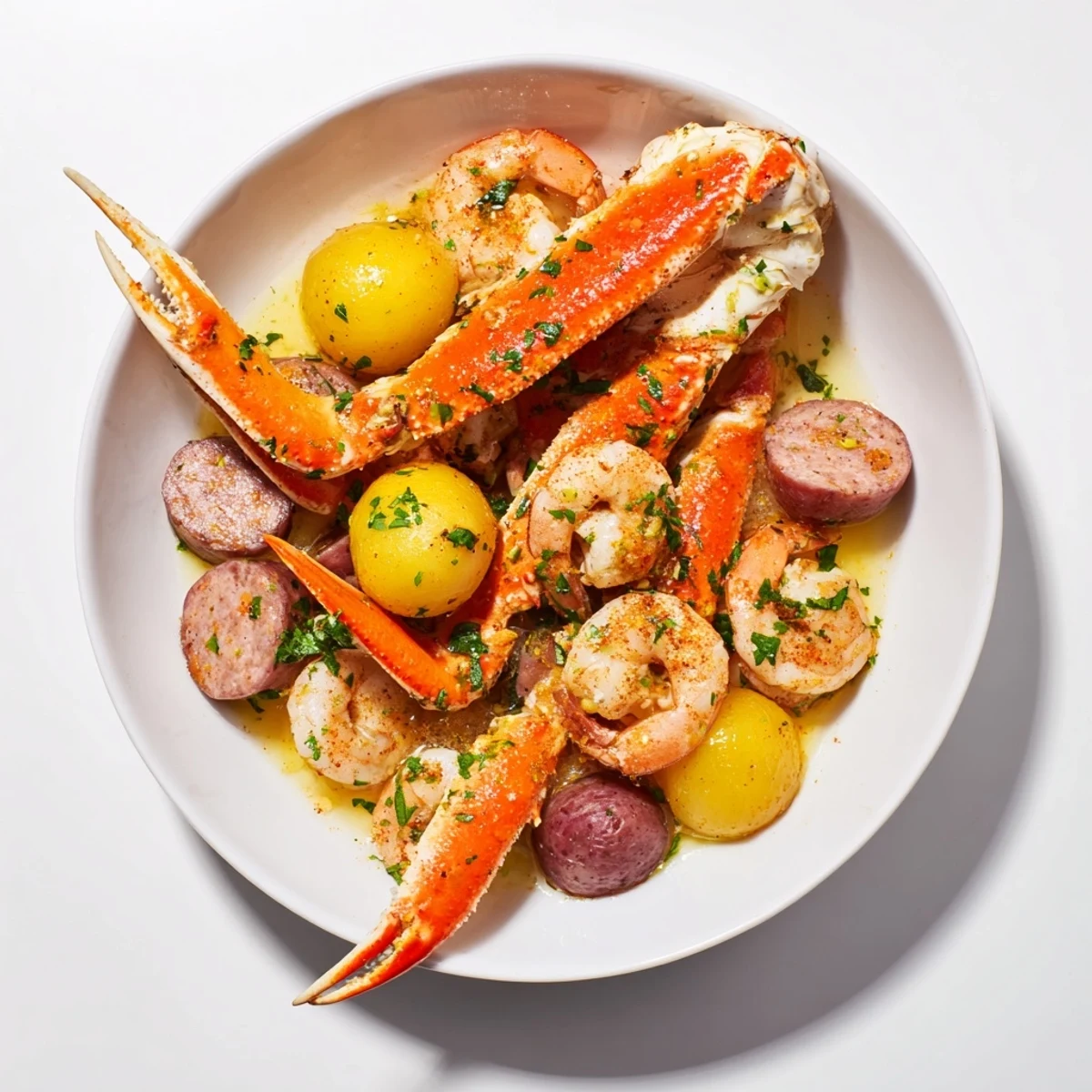 Steaming seafood boil with crab, shrimp, sausage, and corn ready to serve with melted butter.