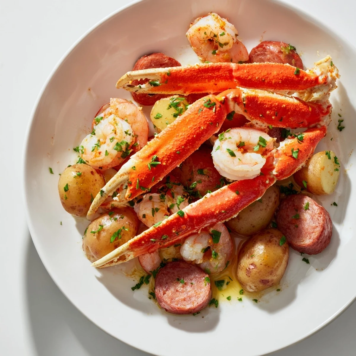 Juicy crab legs, plump shrimp, and spicy sausage star in this flavorful seafood boil.