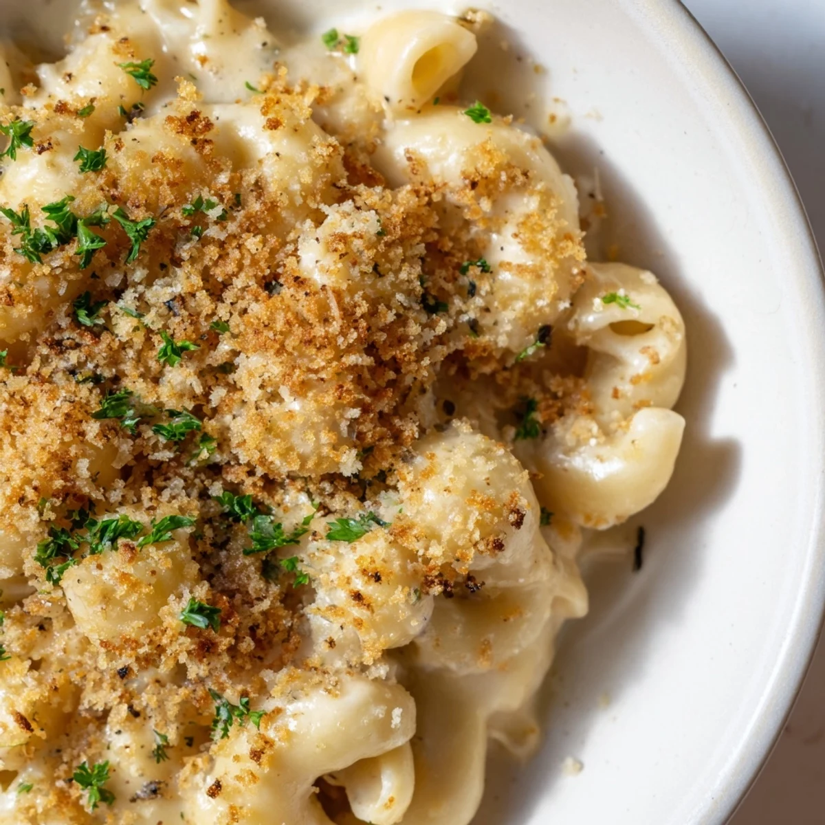 Warm, creamy truffle macaroni & cheese, topped with crispy breadcrumbs and fresh parsley, ready to eat.