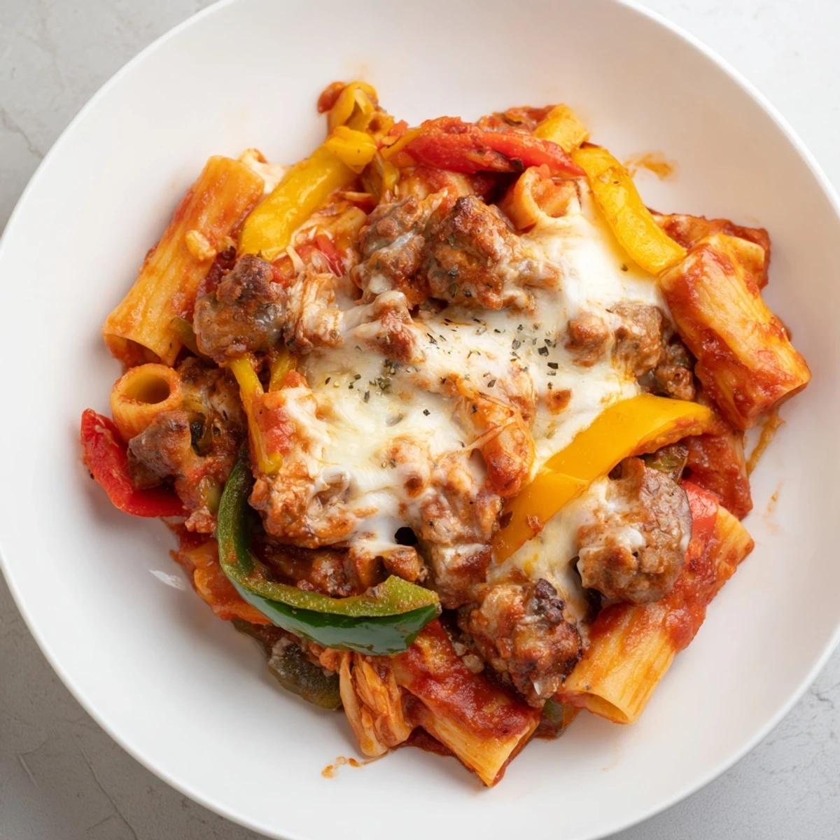 Baked Rigatoni with Sausage & Peppers, bubbling with melted cheese and a rich tomato sauce, ready to serve.