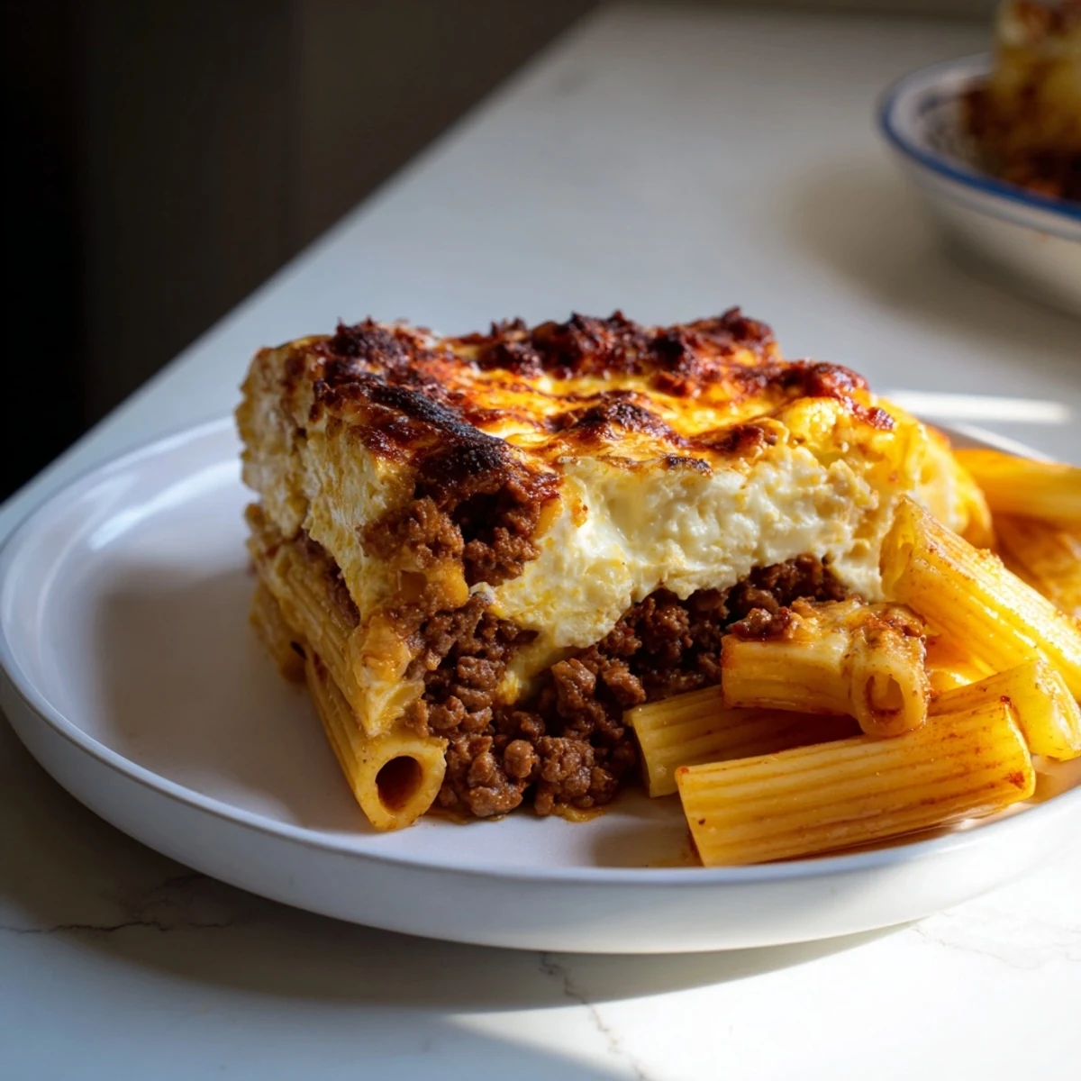 Golden-brown Greek Pastitsio, a comforting casserole layered with pasta and creamy béchamel.