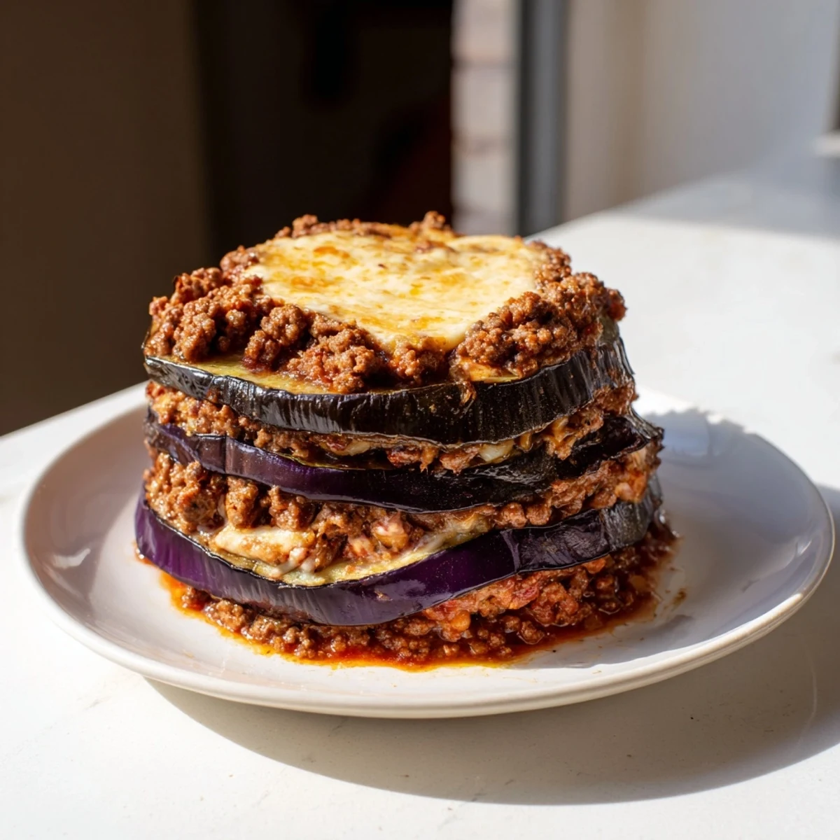 Golden-brown moussaka with layers of tender eggplant, rich beef, and creamy béchamel, ready to serve.