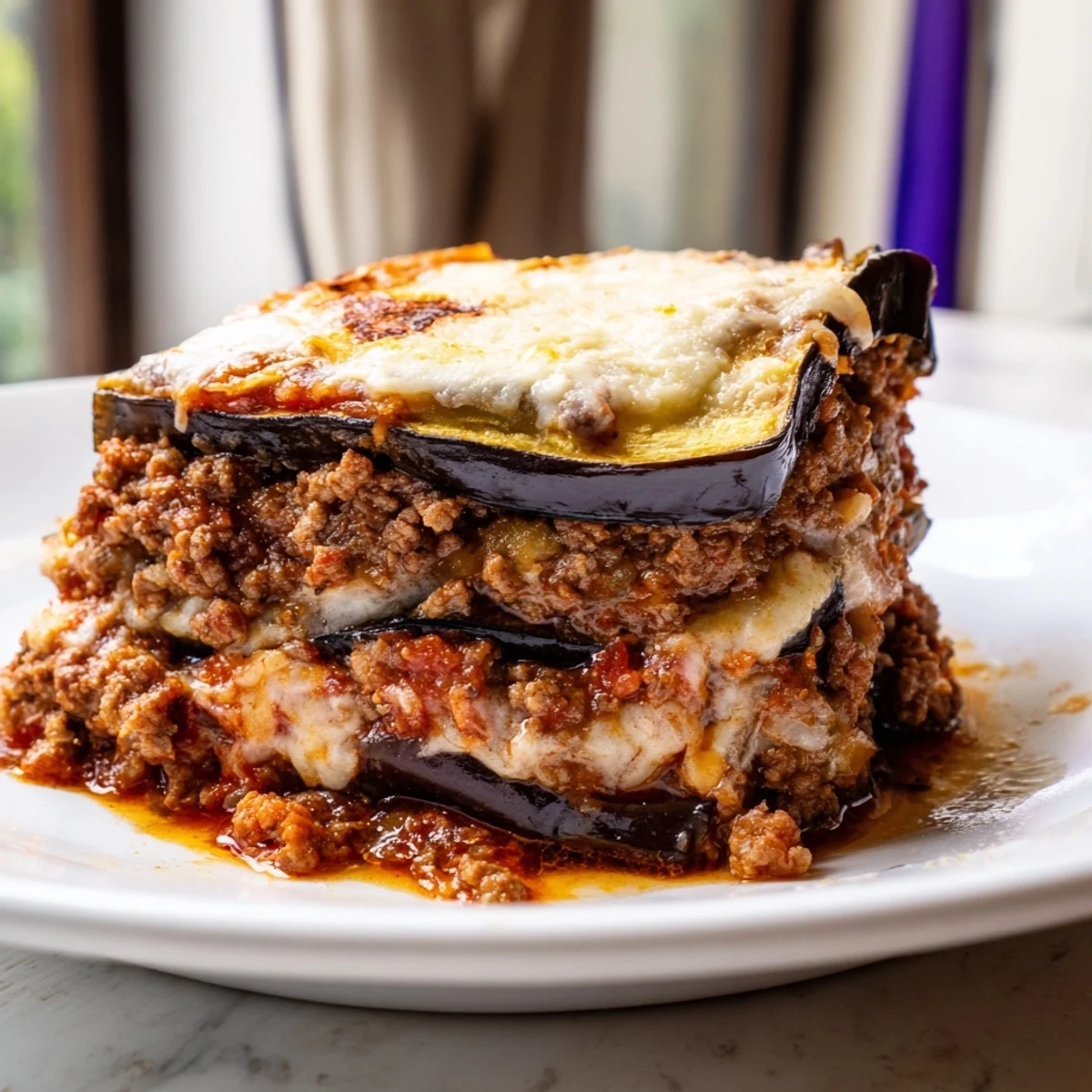 A close-up shot of a baked moussaka, showcasing its perfectly layered ingredients and bubbly topping.