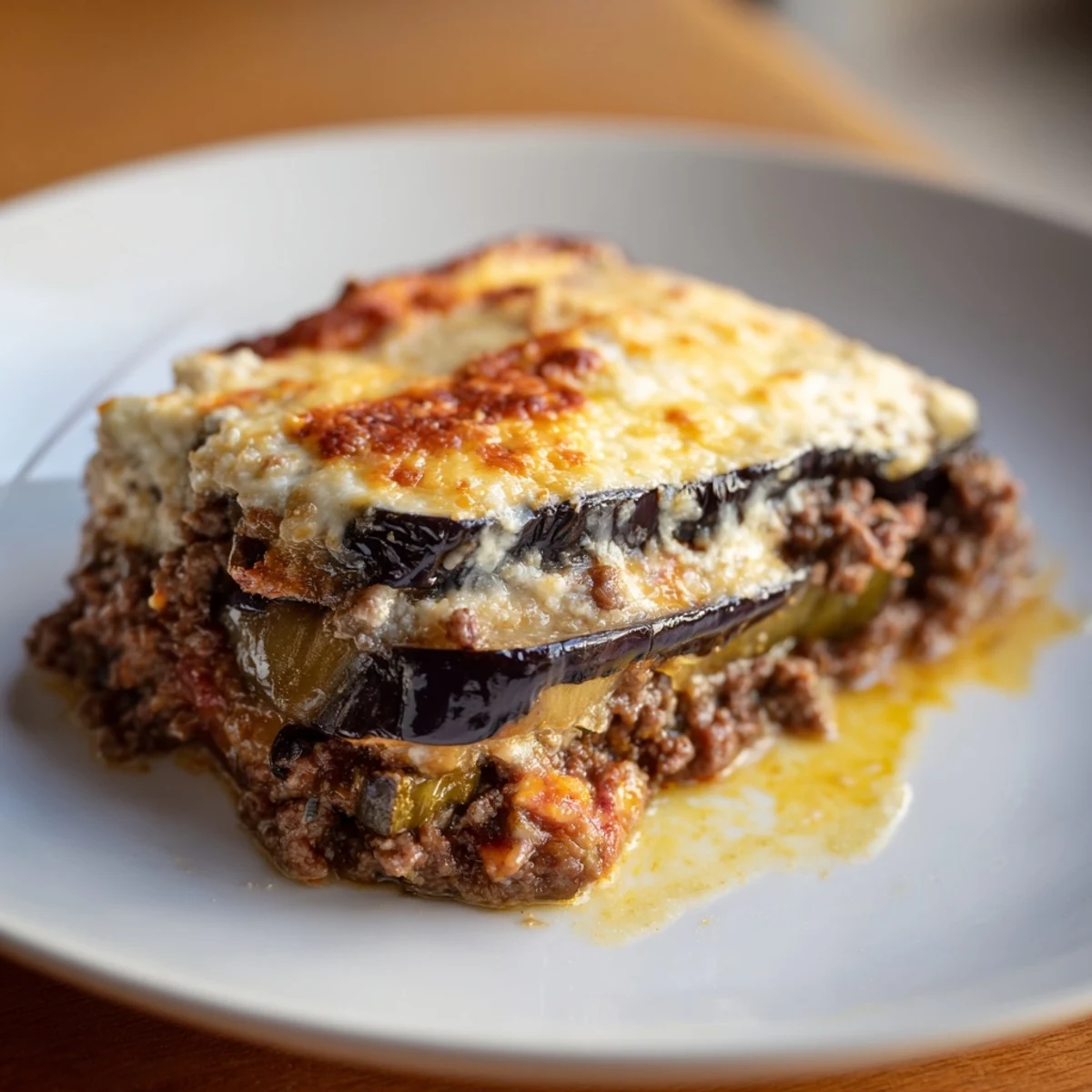 Steaming slice of homemade moussaka with beef and eggplant, a comforting Greek casserole dish.