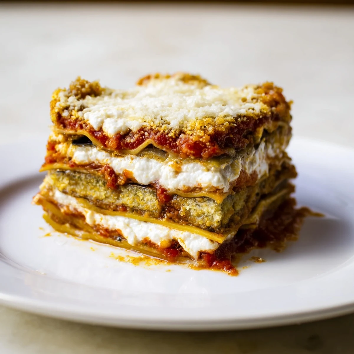 Golden, bubbly Eggplant Parmesan Lasagna with layers of tender eggplant and melted mozzarella cheese.