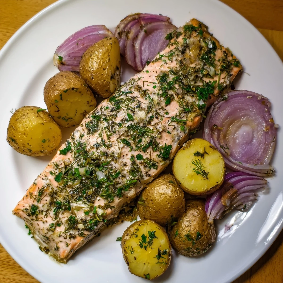 Vibrant image of Lemon Herb Salmon & Potato: flaky salmon with crispy potatoes and colorful roasted vegetables.