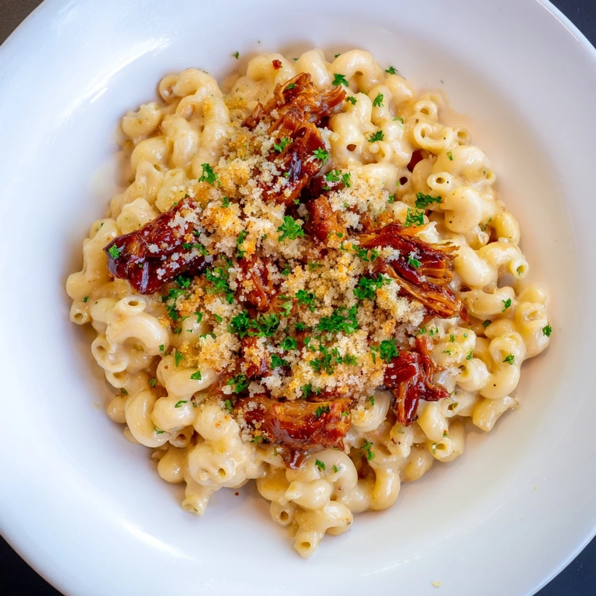 Golden, bubbly Barbecue Pulled Pork Mac and Cheese topped with crispy breadcrumbs and fresh parsley.