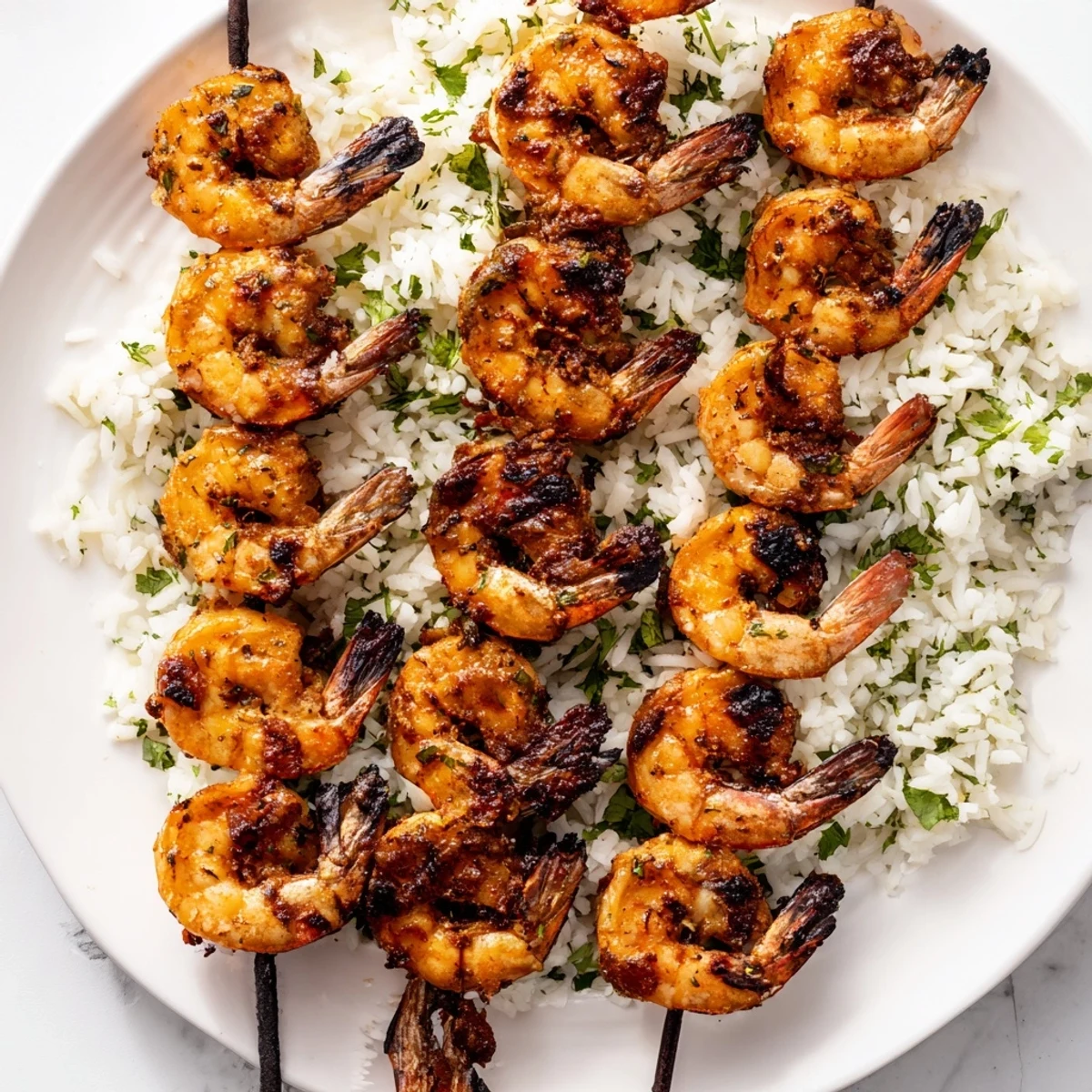 Grilled shrimp skewers with the chipotle lime marinade atop fluffy cilantro-lime rice: perfect!