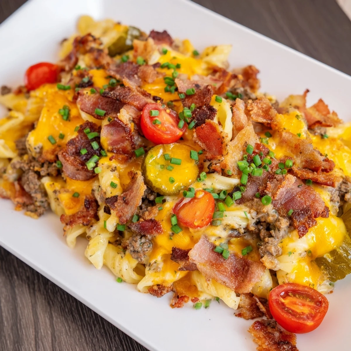 Creamy, cheesy Bacon Cheeseburger Pasta Bake with crispy bacon and melted cheddar, ready to eat!