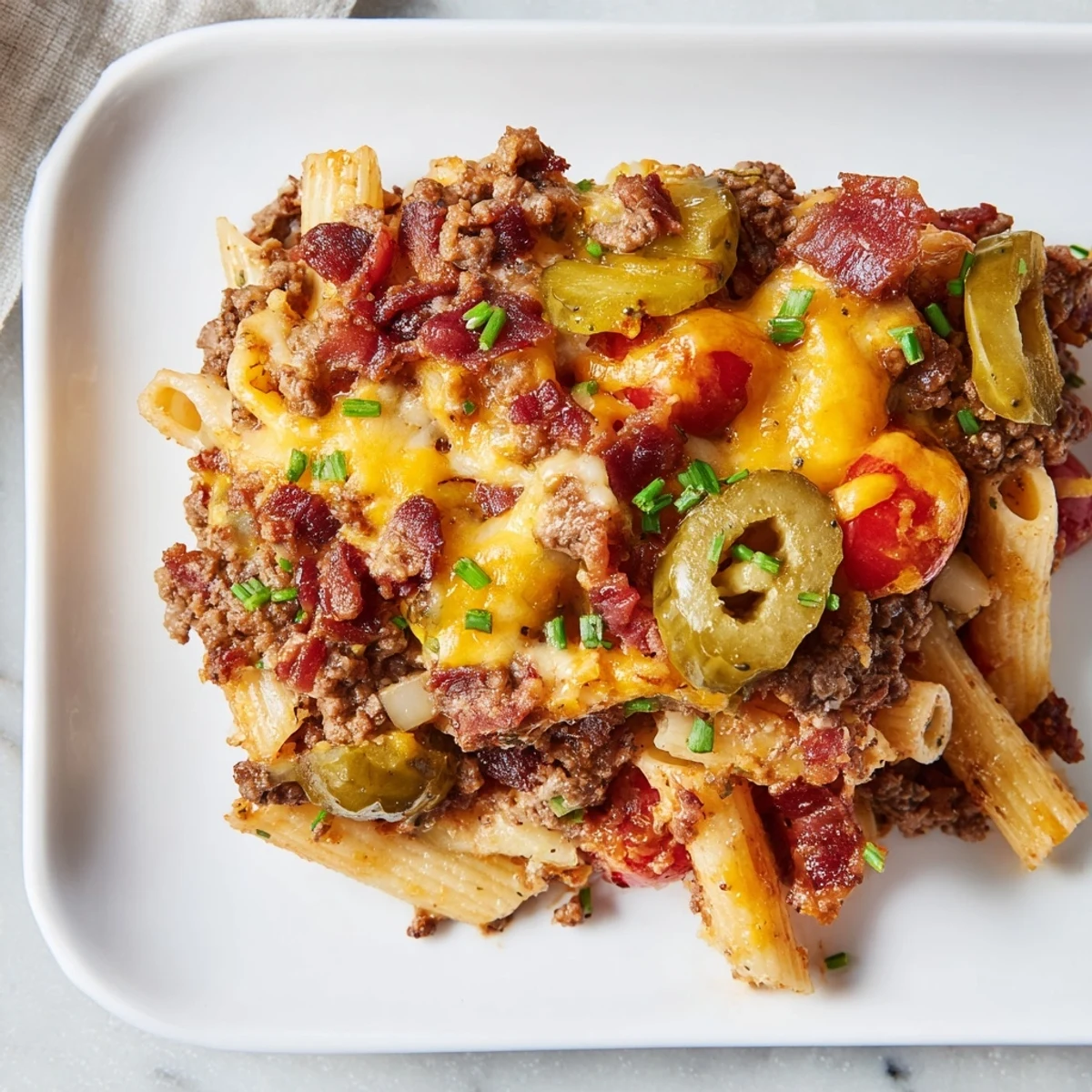 A bubbling, golden-brown Bacon Cheeseburger Pasta Bake with a sprinkle of fresh chives on top, ready to serve.