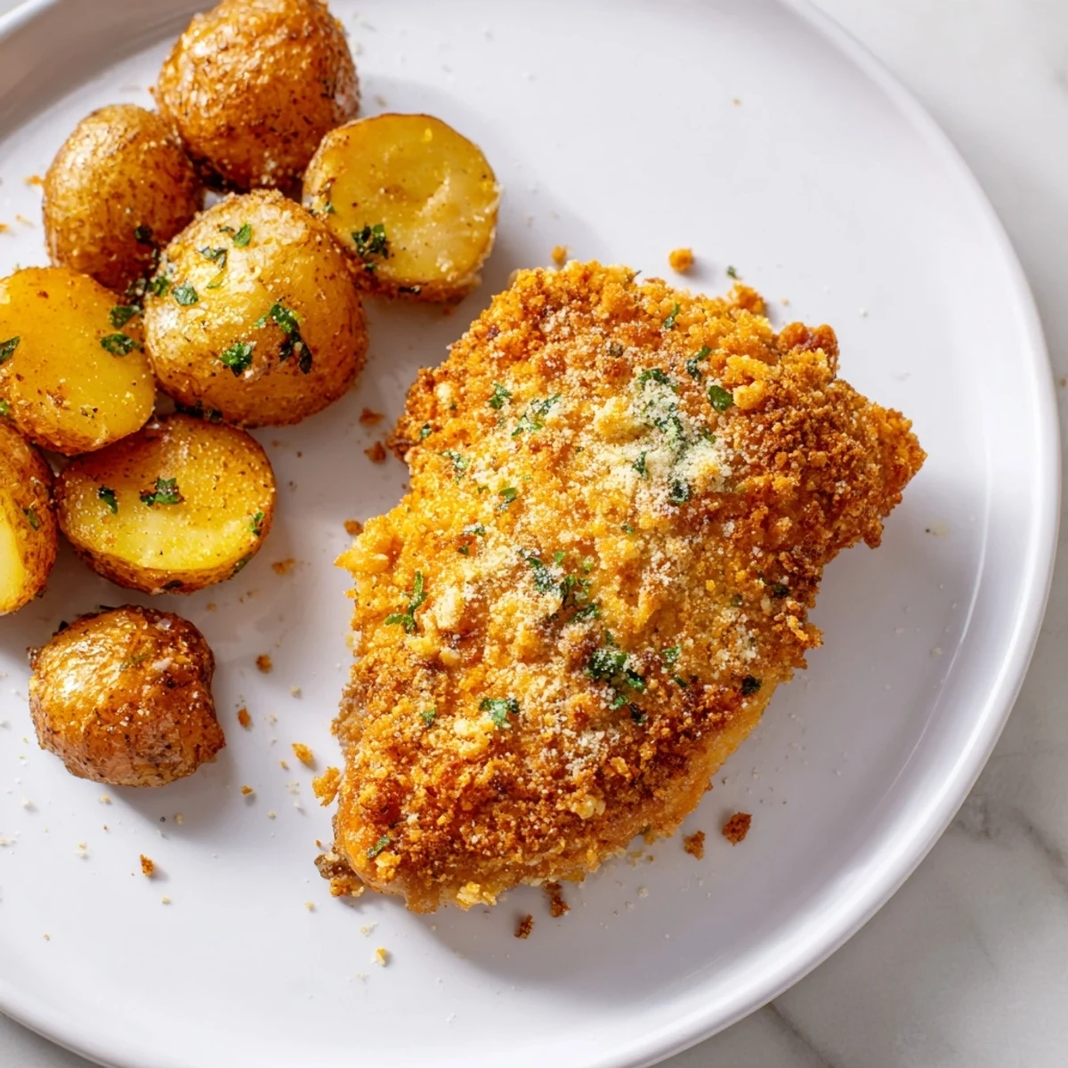 Golden-brown crispy Parmesan crusted chicken with equally crispy roasted potatoes on a baking sheet.