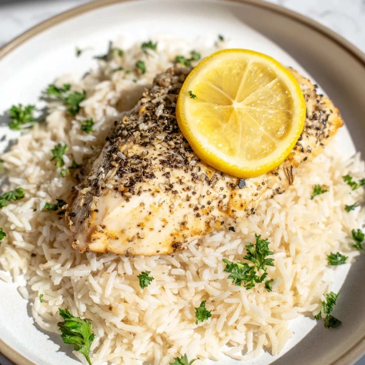 Golden-brown Lemon Pepper Chicken breasts atop fluffy white rice, a delicious American classic.