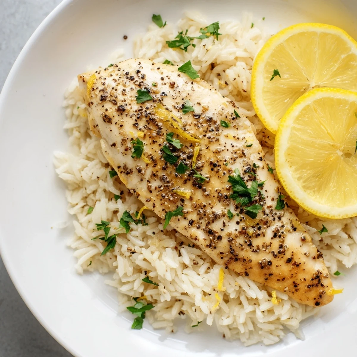 The comforting flavors of Lemon Pepper Chicken, served with fluffy rice, perfect for a cozy dinner.