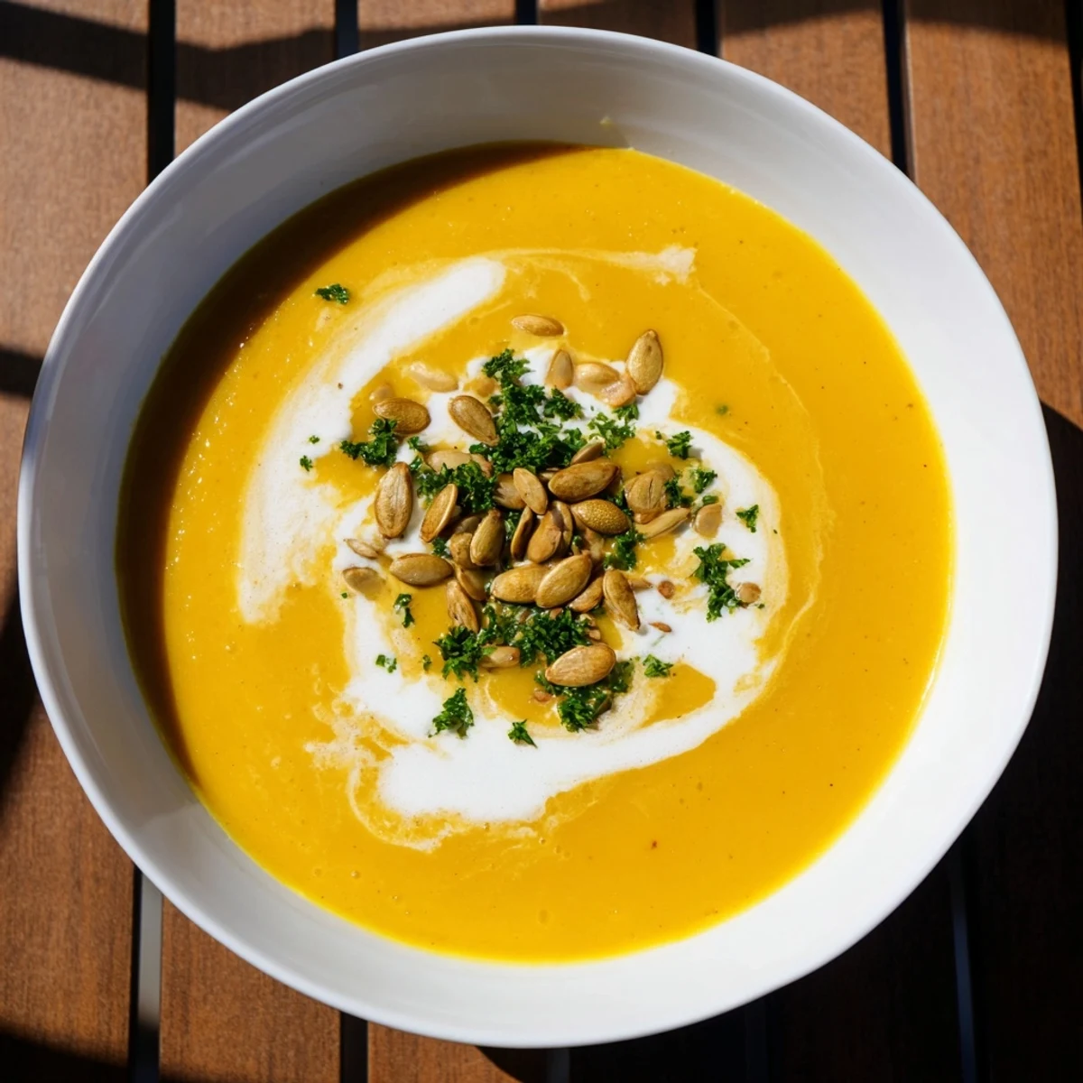 Steaming bowl of butternut squash and pear soup, garnished with green herbs, ready to savor.