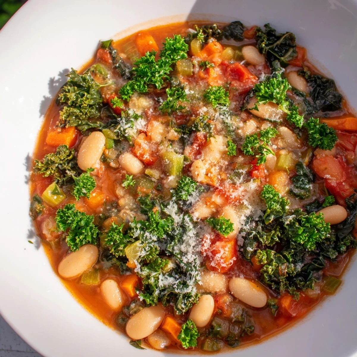 Enjoy a warm and comforting bowl of Italian Bean & Kale Stew, brimming with hearty beans and fragrant herbs.