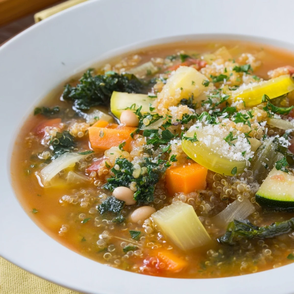 Hearty Minestrone with Quinoa brimming with fresh vegetables, perfect for a warming winter meal.