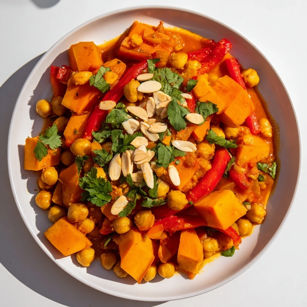 Steaming bowl of Moroccan Chickpea & Sweet Potato Tagine garnished with fresh cilantro, a flavorful vegan entree.