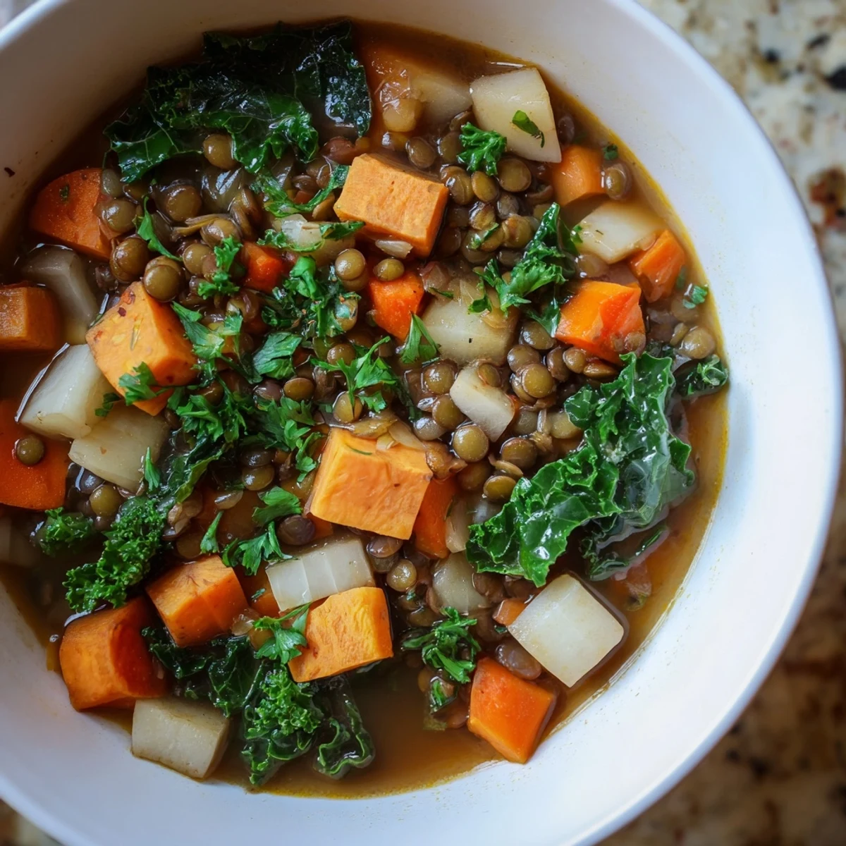Steaming bowl of Winter Vegetable & Lentil Soup with colorful vegetables, ready to eat.