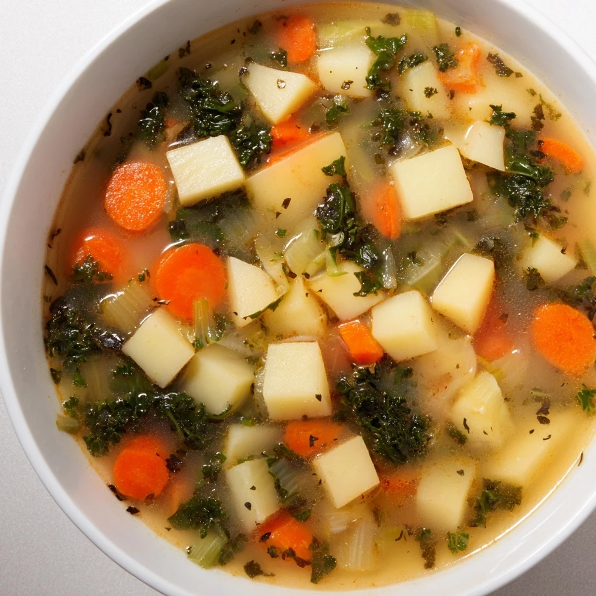 Steaming bowl of Vegetarian Potato-Kale Soup, garnished, ready to enjoy on a cold evening.