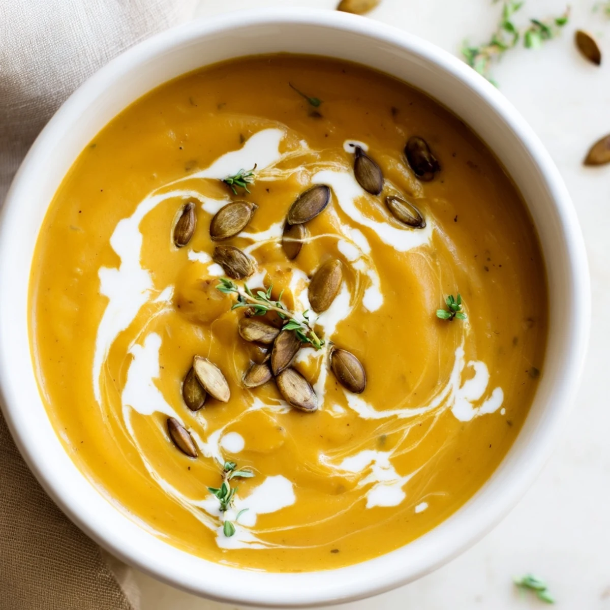 Creamy Roasted Acorn Squash Soup: a warm, vibrant bowl of velvety soup with a swirl of cream.
