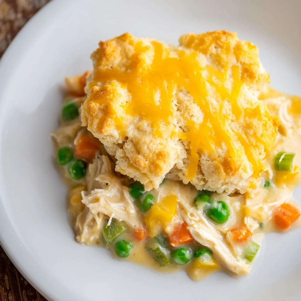 Golden brown cheddar biscuits topping a bubbly One-Pan Chicken Cobbler, perfect for a cozy dinner.