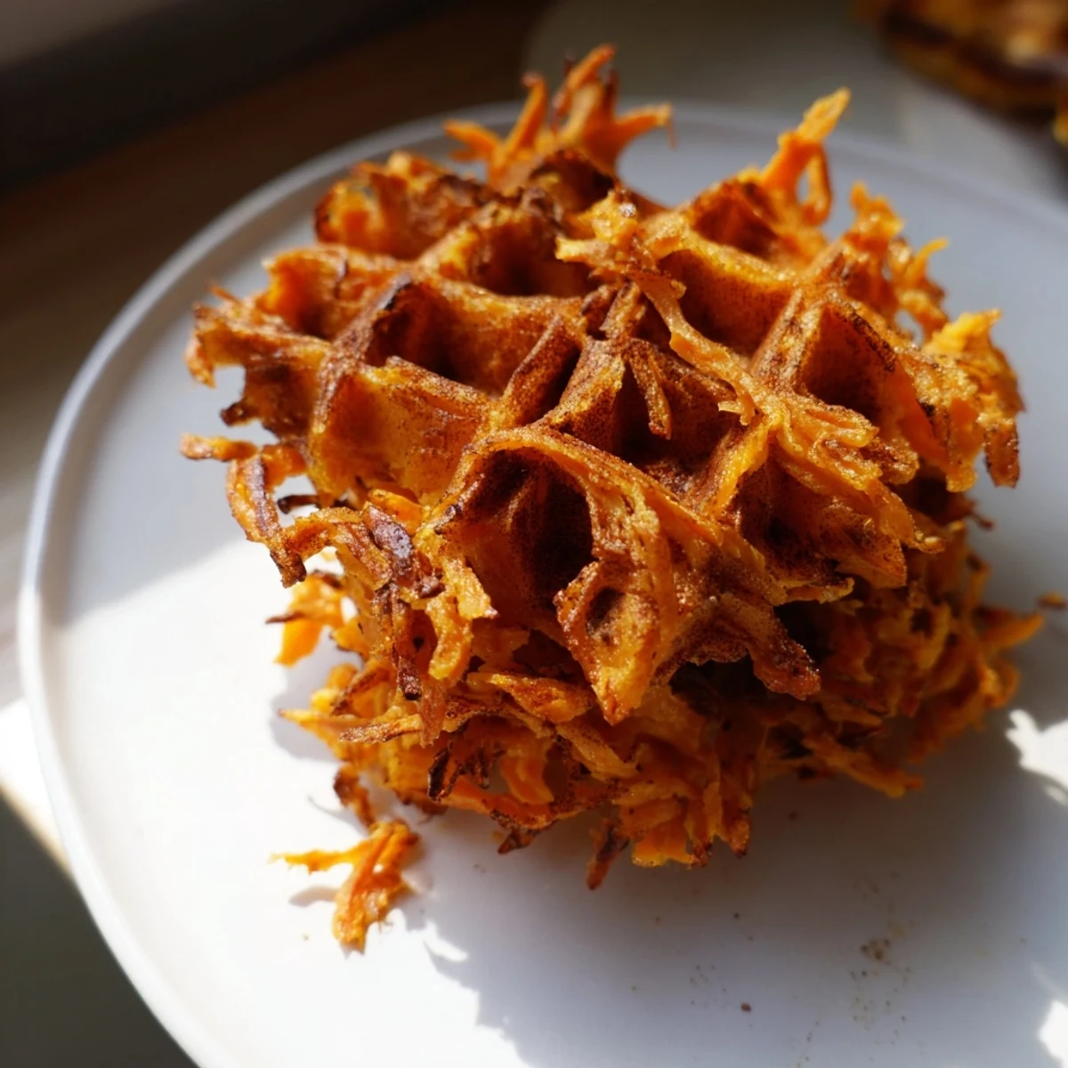 Warm sweet potato waffle, a perfect gluten-free breakfast, drizzled with sweet maple syrup.