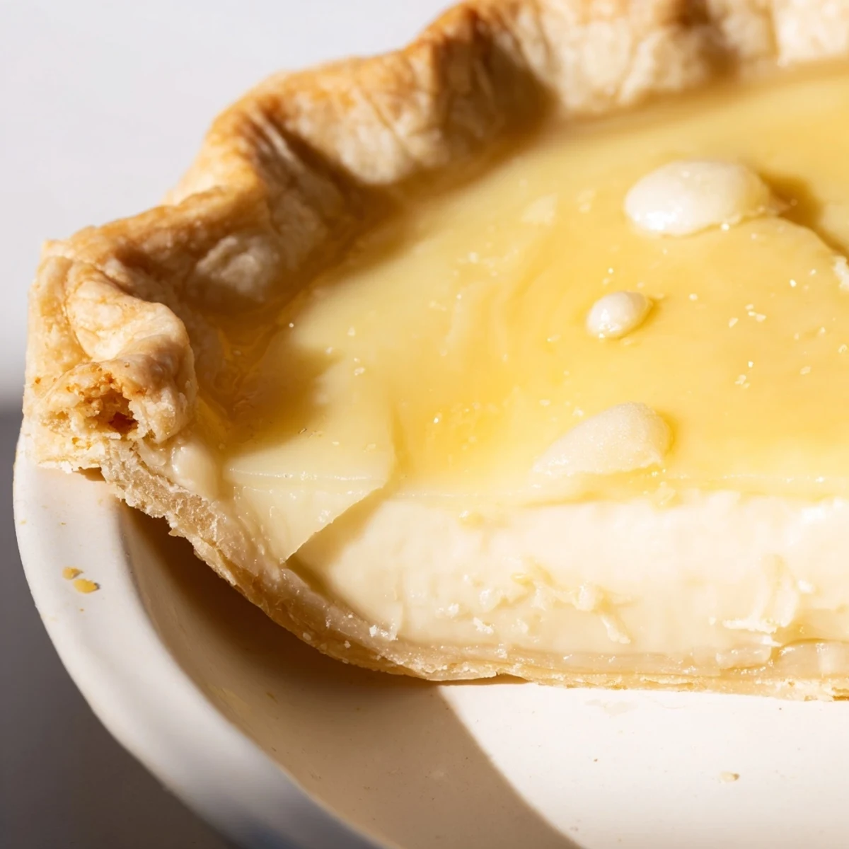 Golden, buttery crust of Water Pie, filled with a creamy, lightly jiggling custard after baking.