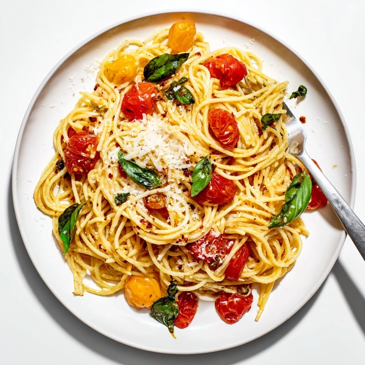 Golden, glossy Lazy-Girl Pasta with vibrant cherry tomatoes and a sprinkle of Parmesan cheese.