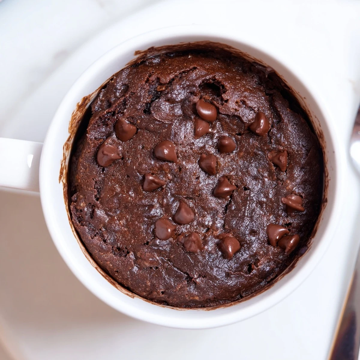 Fluffy chocolate microwaved mug cake, a quick and easy single-serve American treat for one.