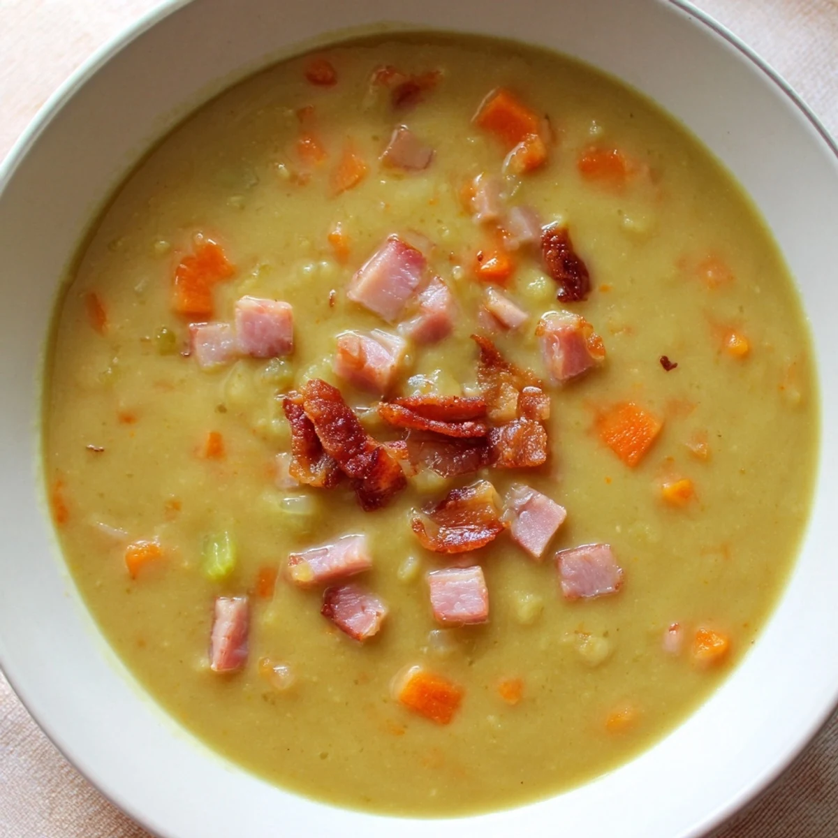 A steaming bowl of split pea soup with canned ham, garnished with crispy bacon crumbles.