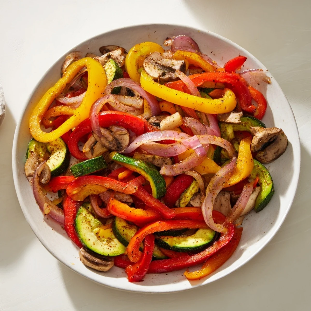 Sizzling Veggie Skillet Fajitas overflowing with colorful peppers and onions are ready to eat.