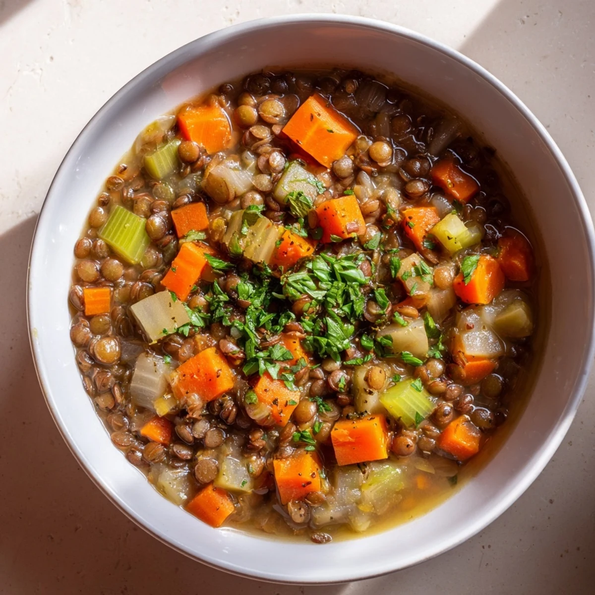 Steaming bowl of delicious Lentil Soup with carrots and celery, ready to warm you up.
