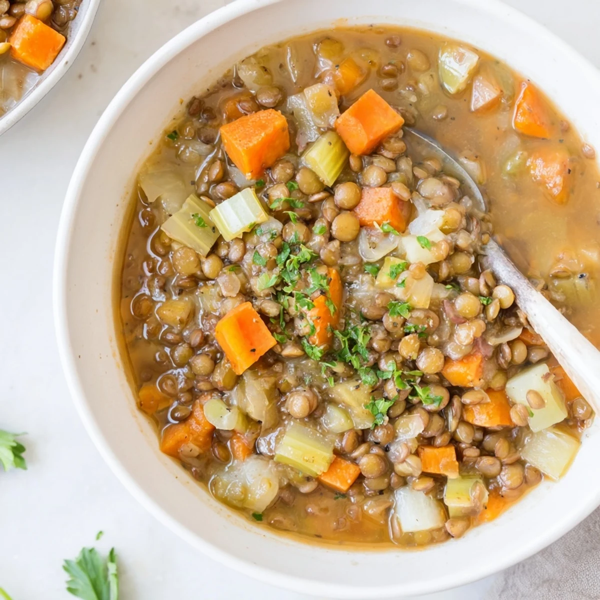 This hearty Lentil Soup has carrots, celery, and lentils; a perfect, fulfilling vegetarian meal.