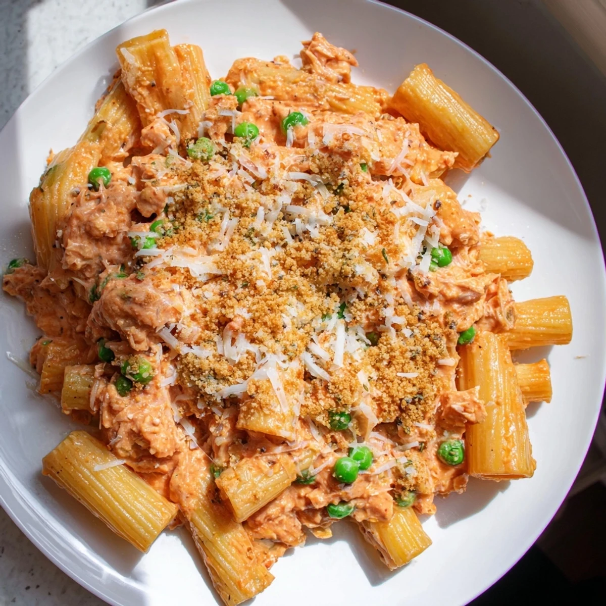 Golden, bubbly tuna pasta bake fresh from the oven, offering a cheesy, comforting aroma.