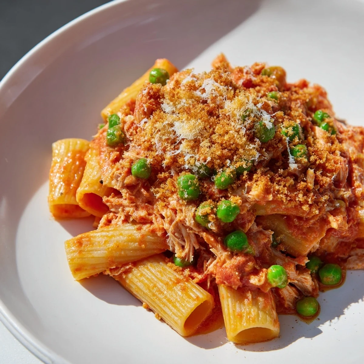 Hearty tuna pasta bake, with visible vegetables and a golden breadcrumb topping, perfect family meal.