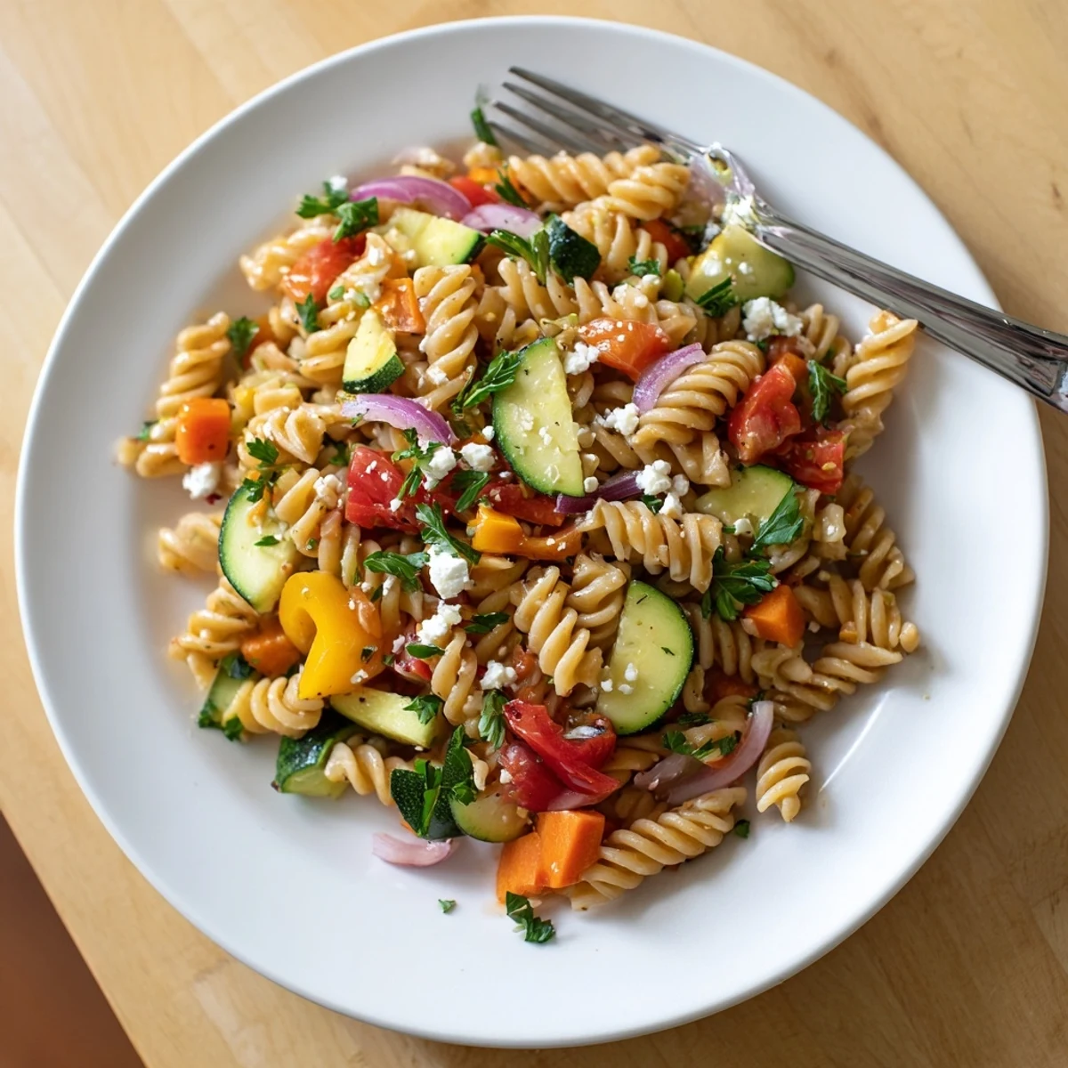 Pasta salad with seasonal veggies: a colorful bowl with glistening pasta and fresh garden vegetables.