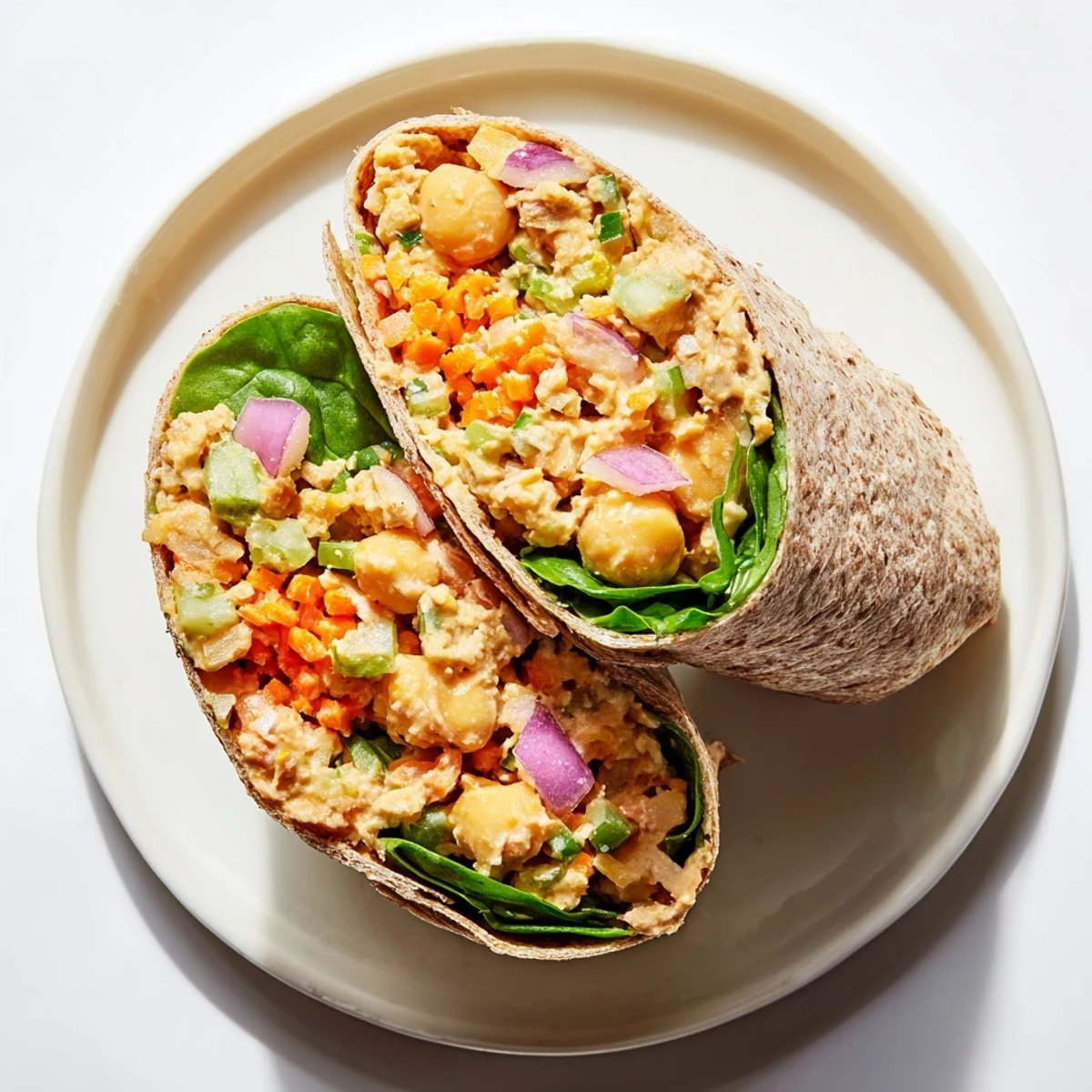 Creamy chickpea salad wraps filled with fresh, colorful vegetables are ready to eat.