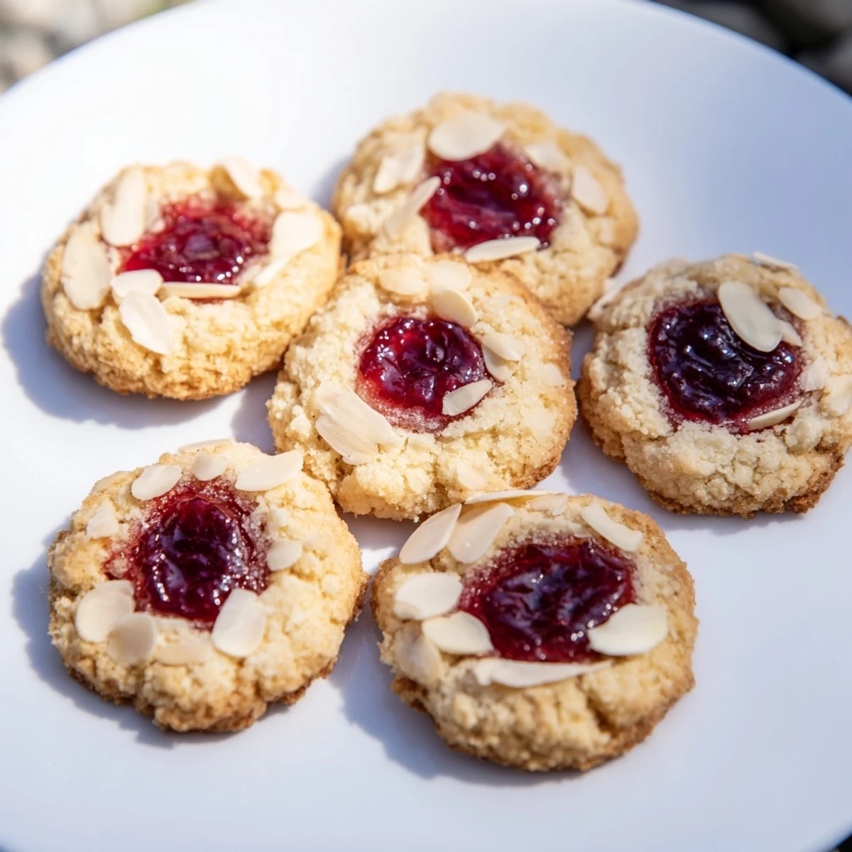 Warm, golden Cherry Almond Thumbprint Cookies, filled with vibrant red cherry jam and scattered with almonds.