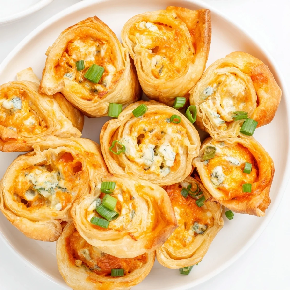 Close-up of baked Buffalo Chicken Dip Pinwheel Wontons, a crowd-pleasing snack idea for parties.