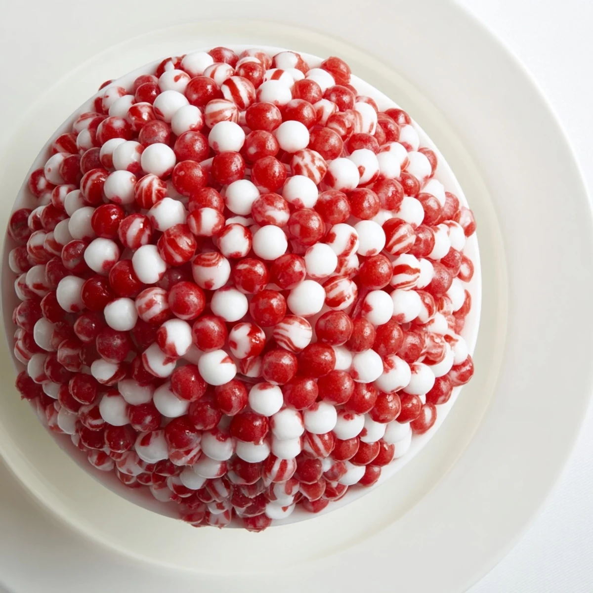 A beautiful, clear photo of the finished No-Bake Peppermint Candy Bowl, ready for gifting.