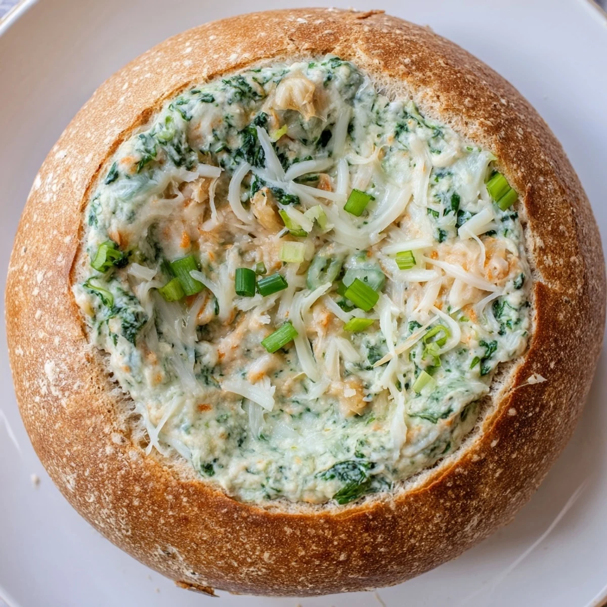 Best-Ever Spinach Dip dramatically fills a bread bowl; ready to scoop with fresh veggie sticks.
