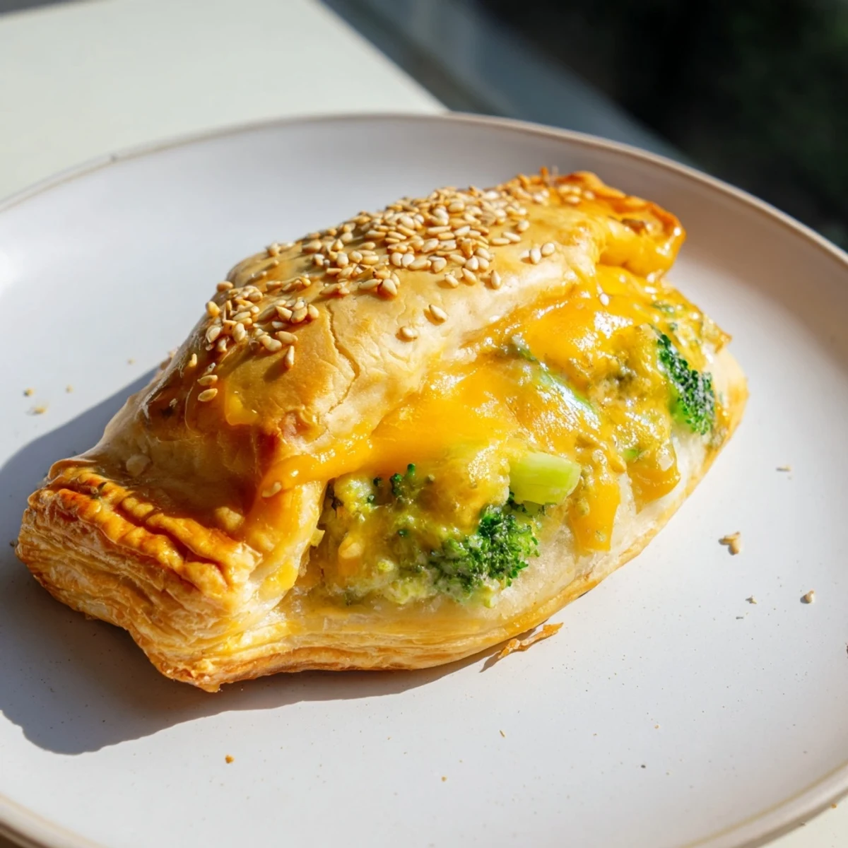 Mouthwatering Broccoli Cheddar Quiche-less Hand Pies, showing flaky pastry with a savory filling inside.